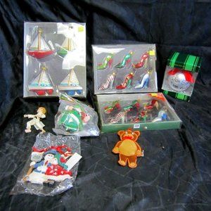 VINTAGE KURT S ADLER ORNAMENTS, 8 PIECE SET, GLASS/FABRIC/RESIN ALL CUTE